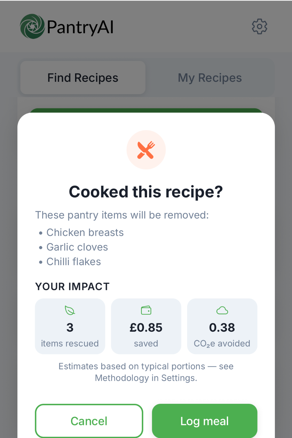 Cooked this recipe? dialog listing the pantry items to be removed and the money and CO2e the meal saves