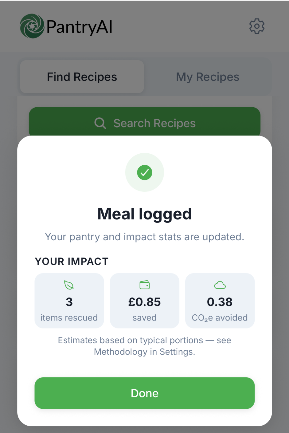 Meal logged: 3 items rescued, £0.85 saved and 0.38 kg CO2e avoided