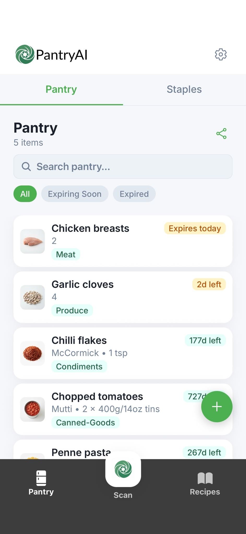 PantryAI pantry list with Expiring Soon and Expired filters and coloured days-left pills