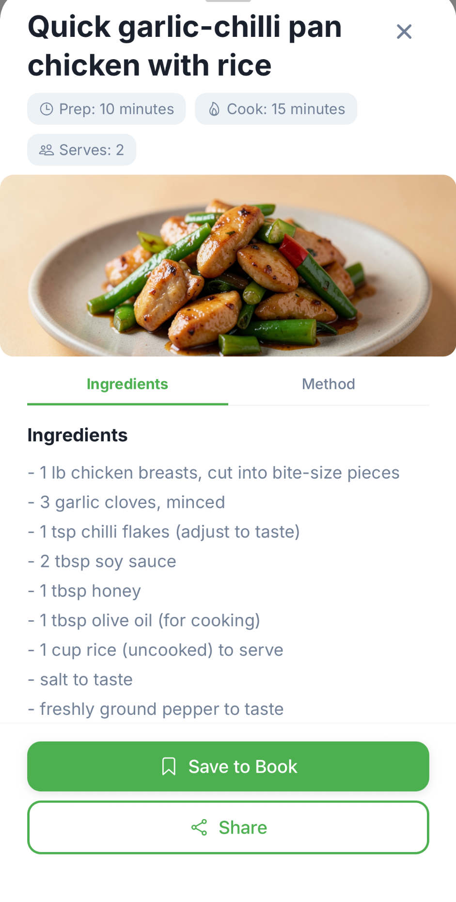 AI recipe for quick garlic-chilli pan chicken with rice, showing prep and cook time, servings, ingredients and Save to Book
