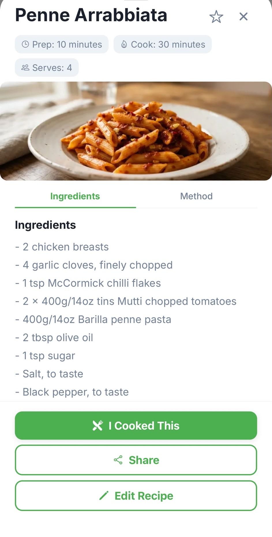 Saved penne arrabbiata recipe with ingredients and the I Cooked This, Share and Edit Recipe buttons