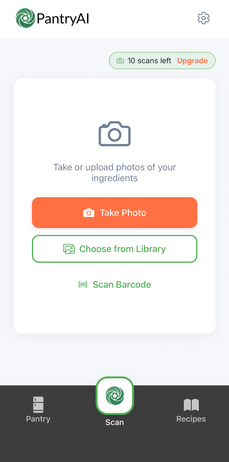 PantryAI scan screen with Take Photo, Choose from Library and Scan Barcode